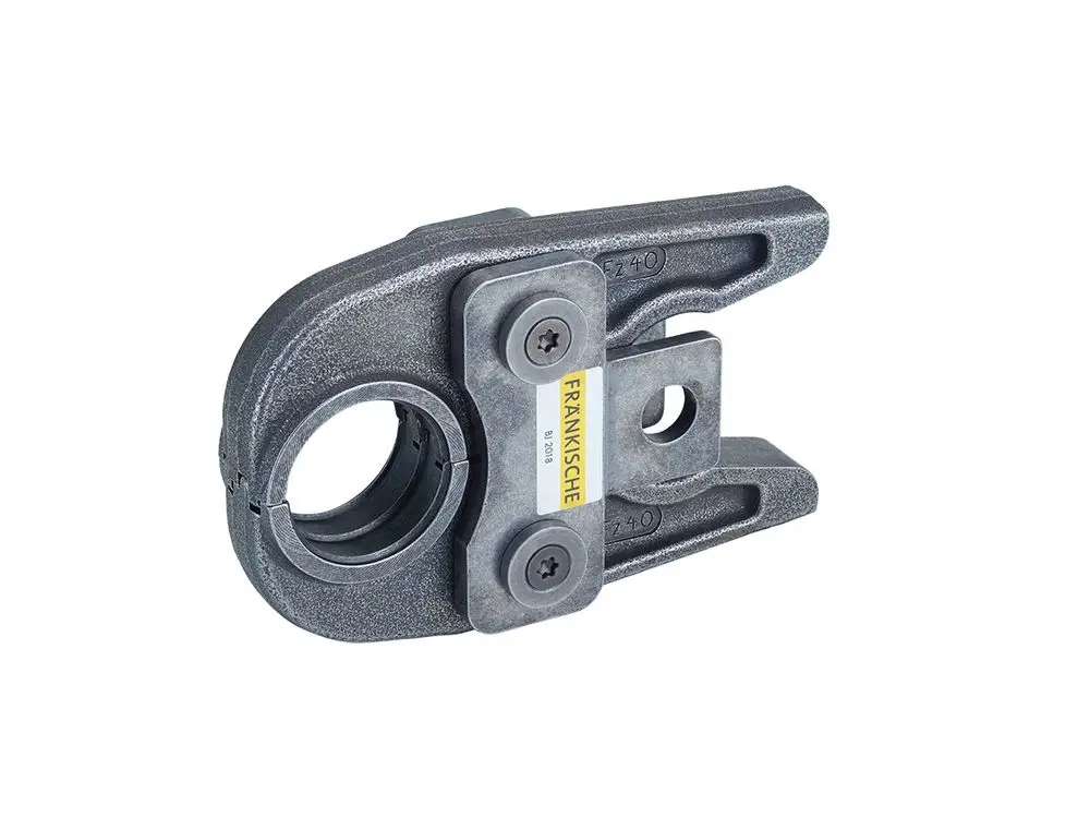 Pressbacke aus grauem Metall mit markanter Form und zwei Schrauben. Logo und Name "Fränkische" an einer Seite gut sichtbar.